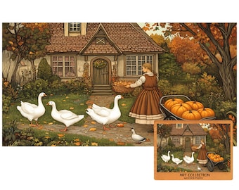 May include: An autumn-themed illustration depicts a quaint cottage with a woman carrying a basket of produce. White geese stroll along a path, and pumpkins fill a wheelbarrow. A smaller image of the scene is in the lower right corner.
