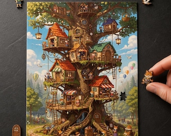 May include: A rectangular wooden jigsaw puzzle featuring a detailed illustration of a large treehouse village with multiple levels, red-roofed dwellings, hanging lanterns, and small animal characters, accompanied by several loose wooden puzzle pieces.