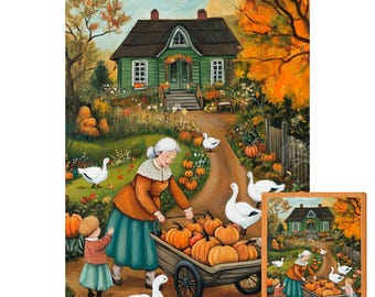 May include: A colorful autumn-themed wooden puzzle featuring a quaint green house, pumpkins, geese, and a woman and child. The puzzle includes a smaller image of the completed puzzle, and the words "Wooden Puzzle Art Collection".