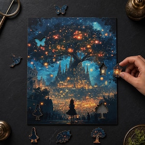 Puede incluir: Un rompecabezas de madera rectangular que muestra una escena nocturna azul oscuro de un castillo brillante bajo un gran árbol con luces doradas. El rompecabezas incluye piezas con formas únicas como una mariposa, un pájaro y una linterna.