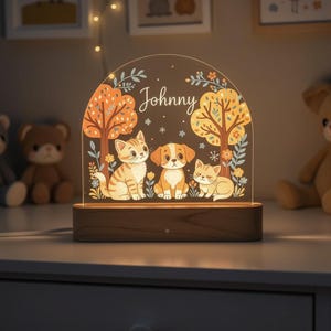 Peut inclure: Veilleuse décorative avec une base en bois et un panneau en acrylique en forme d'arche. Le panneau présente une illustration fantaisiste d'un chiot et de deux chatons sous des arbres, avec le nom "Johnny" en écriture cursive. La palette de couleurs comprend l'orange, le jaune et le marron.