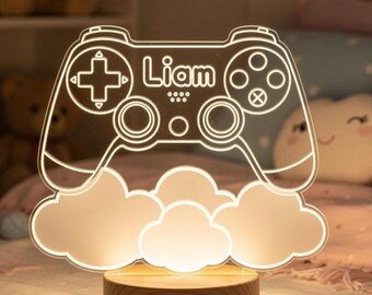 Personalized Game Controller Night Light with Custom Name | Gamer LED Lamp for Kids | Engraved Acrylic Nightlight | Boys Room Gaming Decor