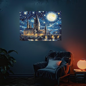 Metal Poster Harry Castle Starry Night Wizard | Magic School | Van Gogh Parody Style Quality Wall Art Halloween Potterheads hp fans school