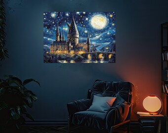Metallposter „Zauberschloss“, Wandbild „Sternennacht-Zauberer“, im Stil von Van Gogh