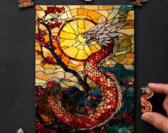 Stained Glass Dragon Art Puzzle - Handgemachte Holzpuzzle, Limitierte Auflage
