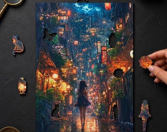 Anime Girl Wooden Puzzle | Rainy Tokyo Street Lantern Alley Scene