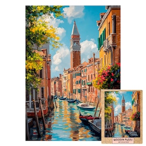 Venice Puzzle | Gondolas on Canal with Bell Tower | Van Gogh Inspired Wooden Jigsaw | Romantic Italy Art Gift
