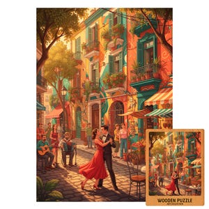 May include: A colorful illustration of a street scene with buildings, people, and a couple dancing. The buildings are painted in vibrant colors. A wooden puzzle with the same image is in the lower right corner.