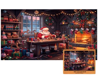 May include: A detailed illustration of Santa Claus in his workshop, surrounded by toys, gifts, and a cozy fireplace. Santa is working on a wooden toy at a large wooden table. The scene is filled with Christmas decorations.