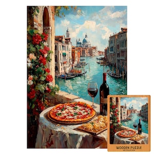 Venice Italy Wooden Puzzle | Pizza and Wine on Canal View Balcony | Romantic Italian Scene | Food and Travel Art Puzzle | Gift for Adults