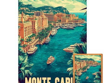 Monte Carlo Wooden Puzzle | French Riviera Luxury Yacht Scene  Coastal Vintage Art Puzzle | Elegant Gift for Adults & Travel Lovers | 1000