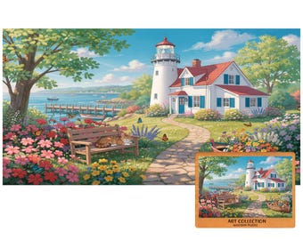 Coastal Lighthouse Garden Wooden Puzzle – Colorful Flowers, Cat on Bench & Ocean View | Relaxing Scenic Art Puzzle for Adults and Kids
