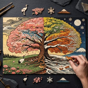 Op de afbeelding: Een houten legpuzzel met een boom verdeeld in vier seizoenen: lente, zomer, herfst en winter. De puzzel toont een kraanvogel, vossen en een berg. Extra houten decoratieve stukken zijn onder meer een kraanvogel, bloemen, een sneeuwvlok en een berg.