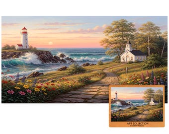Lighthouse Coast Wooden Puzzle for Adults, Peaceful Ocean Waves, Self Care Gift Her