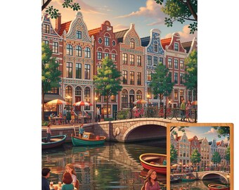 Amsterdam Canal Wooden Puzzle – Colorful Houses, Boats & Sunset Bridge Scene | European Cityscape Art Jigsaw Gift