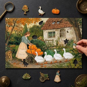 May include: A wooden jigsaw puzzle featuring a scene of a person in a long skirt pushing a wheelbarrow filled with orange pumpkins near a cottage, accompanied by white geese, with separate puzzle pieces shaped like a tree, goose, and pumpkin.