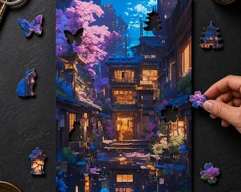 May include: A rectangular wooden jigsaw puzzle featuring a night scene of a Japanese street with illuminated buildings, cherry blossoms, and lanterns. Several unique shaped puzzle pieces, including a butterfly and cat, are placed around it.