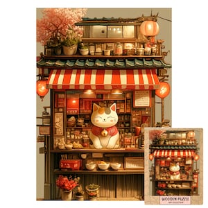 Lucky Cat Puzzle | Japanese Lucky Cat Shop with Red Lanterns | Anime Wooden Puzzle for Cat Lovers & Cozy Decor Fans