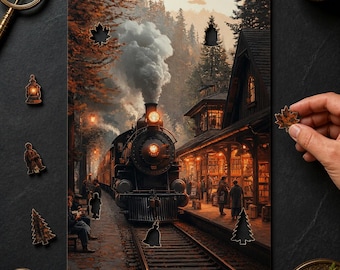 May include: A rectangular wooden jigsaw puzzle featuring a steam locomotive arriving at a station platform at dusk. The scene includes warm glowing lights, a forest background, and several uniquely shaped wooden puzzle pieces scattered around.