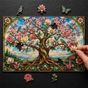 May include: A rectangular jigsaw puzzle featuring a central tree with pink blossoms, white magnolia flowers, and small birds against a blue sky. The puzzle has a stained-glass aesthetic with intricate brown branches and green foliage, including several loose wooden puzzle pieces shaped like flowers, a bird, and a butterfly.
