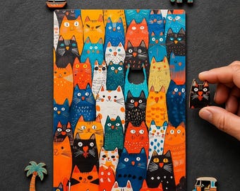 Whimsical Cat Parade Puzzle | Colorful Wooden Puzzle for Cat Lovers | 500 1000 Pieces | Fun Gift for Kids & Adults | Bright Kitty Art
