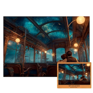 May include: A wooden puzzle featuring a romantic scene inside a vintage train car with a starry sky visible through the windows. The interior is detailed with wooden paneling and warm lighting. The puzzle includes a smaller image of the complete puzzle.