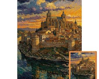 Toledo Kathedrale Holzpuzzle – Sonnenuntergang im Van Gogh Stil, Spanien