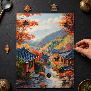 Korean Autumn Village Wooden Puzzle | Oil Painting Style, Custom Shapes, Limited Edition image 1