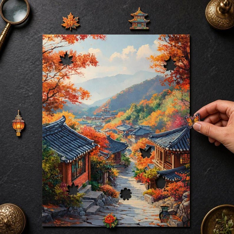 Korean Autumn Village Wooden Puzzle | Oil Painting Style, Custom Shapes, Limited Edition image 1