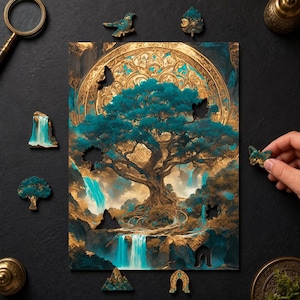 Può includere: Un puzzle rettangolare raffigurante un albero centrale color verde acqua con radici e rami dorati, circondato da cascate e una cornice dorata circolare. Diversi pezzi di puzzle sparsi a forma di uccello, foglia, albero e farfalla.