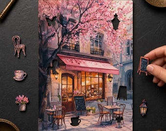 May include: A rectangular wooden puzzle board featuring a printed illustration of a Parisian-style cafe with a pink cherry blossom tree, pink awning, and outdoor seating. Several small, separate wooden puzzle pieces shaped like cafe items are included.