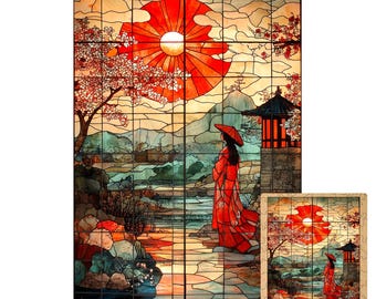Wooden Puzzle for Adults – Stained Glass Japan Mosaic Art Geisha Unique Collector Gift Landscape