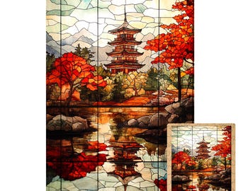 May include: A stained glass art puzzle depicting a Japanese pagoda with a red roof and a reflection in a pond. The pagoda is surrounded by trees with red leaves and mountains in the background.