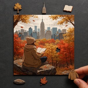 Wooden Jigsaw Puzzle, Autumn Reading Central Park, Hidden StoryPieces, Book Lover Gift