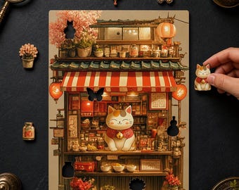 Lucky Cat Wooden Jigsaw Puzzle for Adults, Shop Red Lanterns, Japanese Art Gift