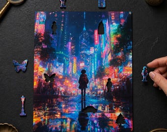 Cyberpunk Neon City Puzzle – Futuristic Night Street Scene, Wooden Laser Cut Jigsaw (50-1000 Pieces)
