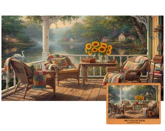 Lakeside Porch Wooden Jigsaw Puzzle for Adults, Sunflowers Wicker Chairs, Floral Art Gift