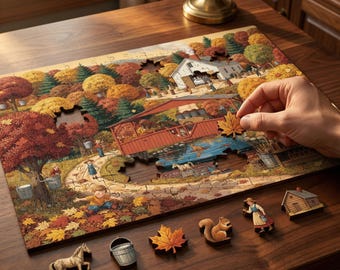 Artisan Wooden Puzzle — Maple Hollow, Hidden StoryPieces, Folk Art Collector Gift for Her PuzzlingArt