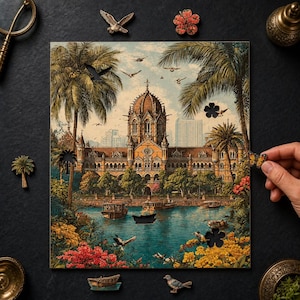 Peut inclure: Un puzzle en bois représentant une illustration détaillée d'un bâtiment historique avec un dôme central, des palmiers et des bateaux sur une rivière. Le puzzle comprend plusieurs pièces aux formes uniques, comme un oiseau, une fleur et un palmier.