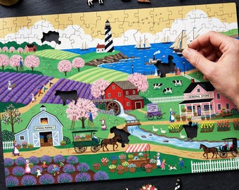 Handcrafted Wooden Jigsaw Puzzle for Adults, Lavender Harbour Spring, Grandma Gift Floral Art