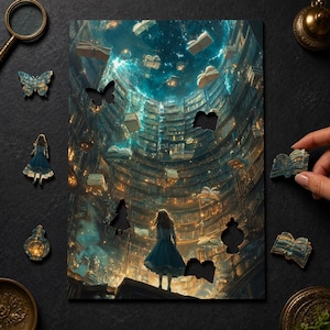 Peut inclure: Un puzzle rectangulaire représentant une bibliothèque fantastique avec une personne en robe bleue devant des étagères imposantes. L'image inclut des livres flottants, un papillon et des formes découpées. Plusieurs pièces de puzzle sont visibles.