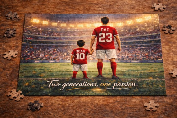 A hand-cut wooden name puzzle shaped around a father-son soccer theme — a keepsake toy that tells a specific family story.