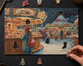 May include: A rectangular wooden jigsaw puzzle featuring a snowy Christmas market scene with a carousel and a person in a teal coat. The puzzle includes cutout shapes for a star, tree, bell, and stocking, with matching wooden pieces to fill them.