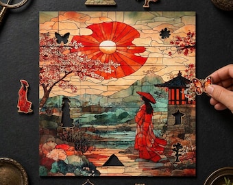 Japanese Art Wooden Puzzle, Stained Glass Geisha, Hidden StoryPieces, Collector Gift