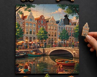 Luxury Wooden Jigsaw Puzzle, Amsterdam Canal at Dusk, Hidden StoryPieces, Dutch Gabled Houses