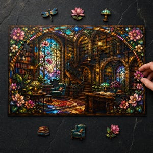 Stained Glass Library Puzzle – Floral Wooden Jigsaw for Book Lovers with Hidden StoryPieces