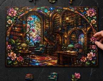 Stained Glass Library Puzzle – Floral Wooden Jigsaw for Book Lovers with Hidden StoryPieces