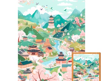 Japanese Spring Wooden Puzzle – Sakura Village Landscape, Peaceful Asian Art Scene, Handmade Wooden Jigsaw for Relaxation & Decor