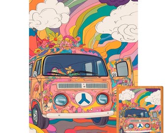 May include: A wooden jigsaw puzzle with a vibrant illustration of a retro van decorated with flowers. The van is in pink, orange, and yellow, set against a swirling rainbow backdrop. A smaller, completed puzzle is also visible, with the text "WOODEN PUZZLE ART COLLECTION".
