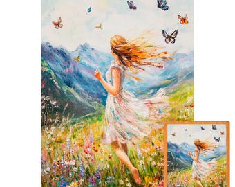 Butterfly Girl Wooden Puzzle for Adults, Dreamy Landscape Clouds, Boho Wall Art Gift